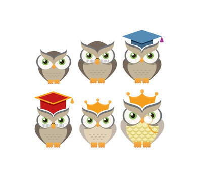 Cartoon owl character collection. Vector illustration.