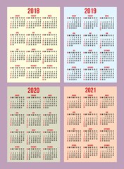 vector set of calendar grid for years 2018-2021 for business cards on background