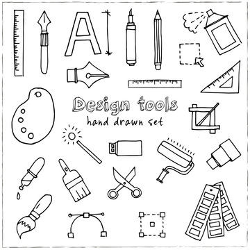 Hand drawn doodle design tools set.