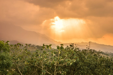Naklejka premium Panoramic view of the Celaque mountain and National during early sunset hours seen from the Castillo San Cristobal, in Gracias, Honduras. Central America