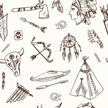 Hand drawn doodle native americans seamless pattern