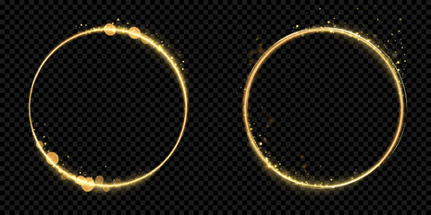 Golden circle frame of gold glitter light particles. Vector shiny sparkling round line circles with glowing magic neon light effect on black banner background