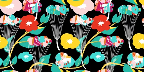 Muurstickers Hand drawn abstract flowers and leaves with grunge texture on black background seamless pattern © momosama