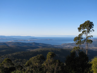 Looking down at the mountains below high up on Mount Wellington, Hobart, Tasmania, Australia