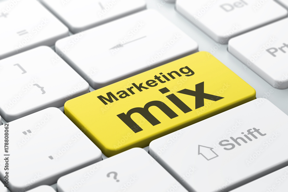 Poster marketing concept: computer keyboard with word marketing mix, selected focus on enter button backgro