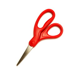 Red scissors on top view isolated on white background