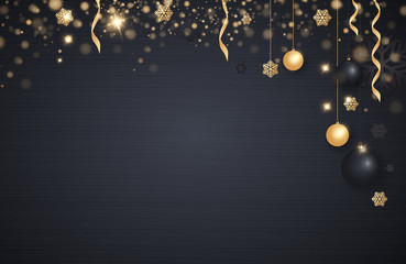 Layout Happy New Year 2018 golden and black color space for text Christmas balls, gold concerts and snowflakes. Golden bokeh, light and ribbons. Vector illustration
