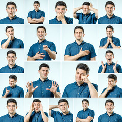Set of young man's portraits with different emotions and gestures