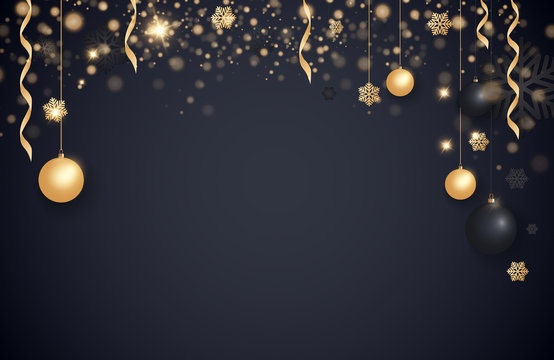 Layout Happy New Year 2018 golden and black color space for text Christmas balls, gold concerts and snowflakes. Golden bokeh, light and ribbons. Vector illustration