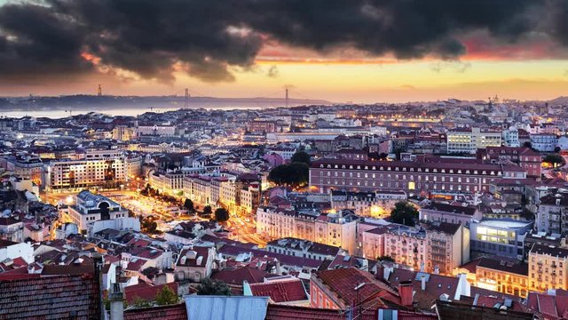 Lisbon historic city at sunset, Portugal, Time lapse