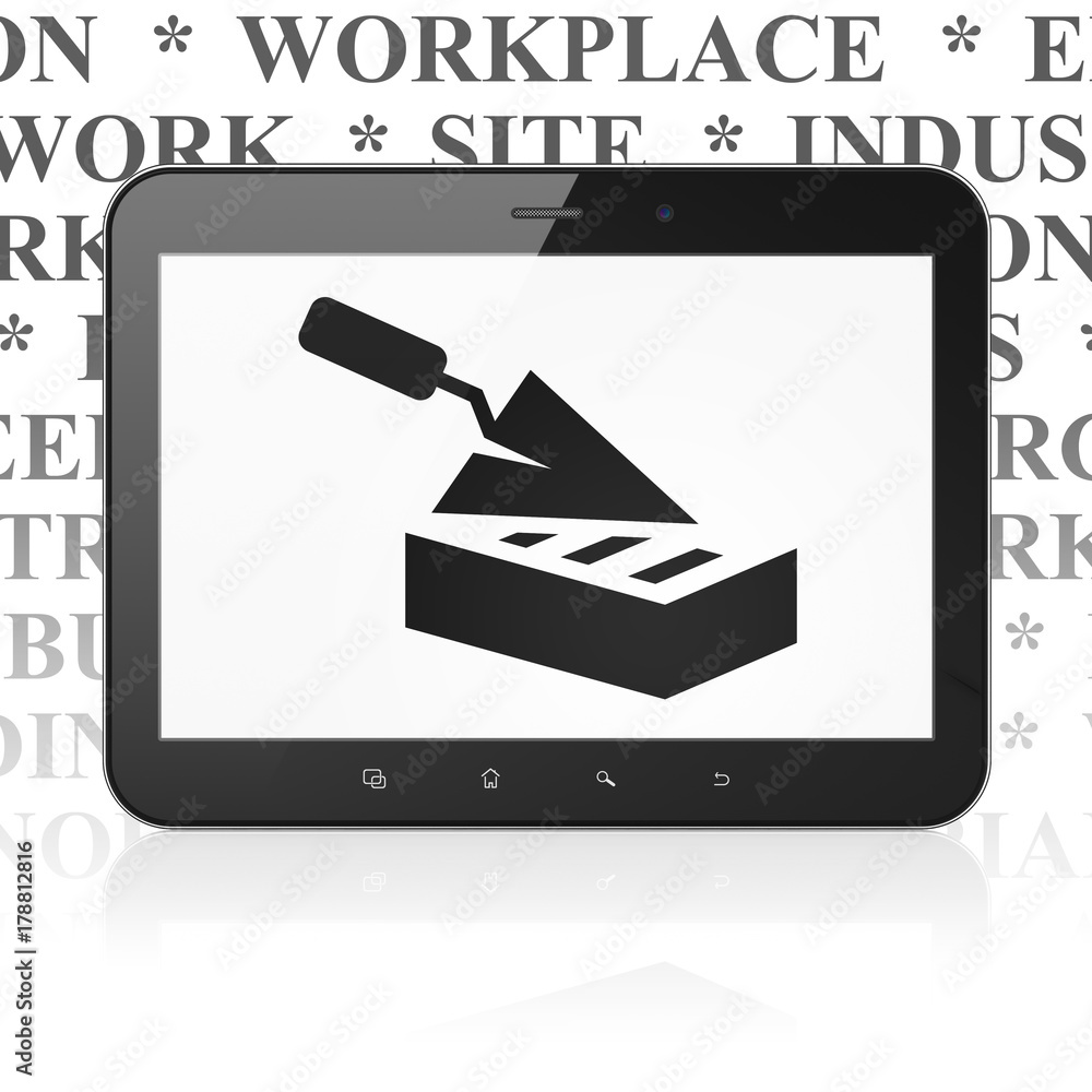 Poster building construction concept: tablet computer with black brick wall icon on display, tag cloud back