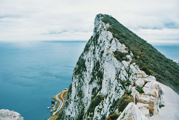 Aerial view of top of Gibraltar Rock, Upper Rock Natural Reserve covered with green forest on...