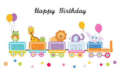  Happy birthday train with animals vector. Colorful greeting card