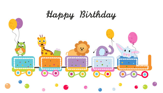 Happy birthday train with animals vector. Colorful greeting card