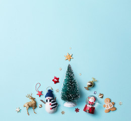Christmas holidays ornament flat lay; Christmas card background