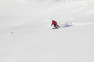 Skiing in the snowy mountains.