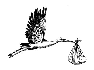 Obraz premium Bocian nosić dziecko grawerowanie ilustracji wektorowych