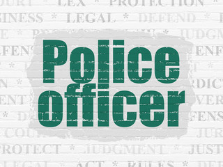 Fototapeta premium Law concept: Painted green text Police Officer on White Brick wall background with Tag Cloud