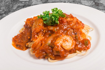 Closeup Gourmet Shrimps with Spaghetti Pasta and spicy.