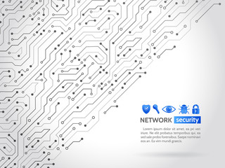 High-tech technology background texture. Circuit board vector illustration. Network security icons