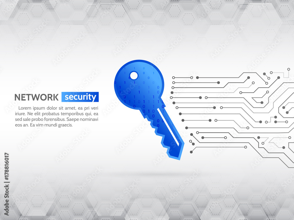 Poster Security concept background. Cyber data security, information privacy. Abstract high tech circuit board with technology key. Global internet network protection.