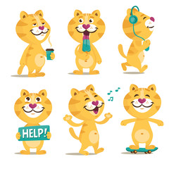 Collection of cute cartoon cat. Kitty Everyday Activities Set. Cat taking a selfie, social network communication