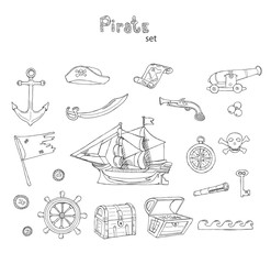 Hand drawn vector illustration coloring book Pirate set with ship, map, anchor, flag, helm, chest, telescope, compass with outline on white
