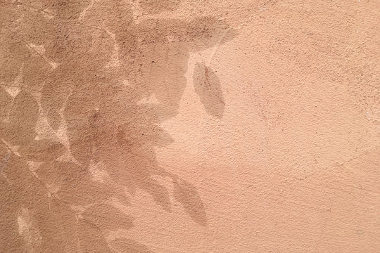 Closeup Painted On Exterior Rough Stucco Wall Texture With Shadow Of Leaves Background.