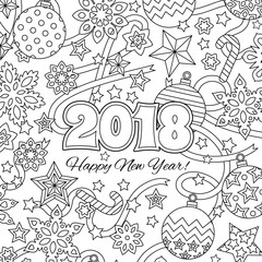 New year congratulation card with numbers 2018 and festive objects. Zentangle inspired style. Zen colorful graphic. Image for calendar, coloring book.