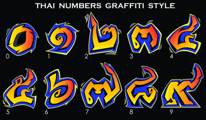 Thai numbers in graffiti style from 0 to 9 in yellow colors