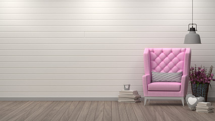 Pink armchair in front of white wall interior design 3D illustration decoration room interior background gray lamps and pillows put on wooden floor