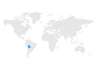 Bolivia marked by blue in grey World political map. Vector illustration.