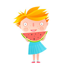 Little kid standing enjoying piece of fruit. Vector cartoon.
