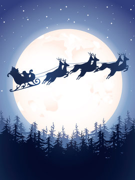 Santa sleigh driving over forest. Vector silhouette against the background of the moon