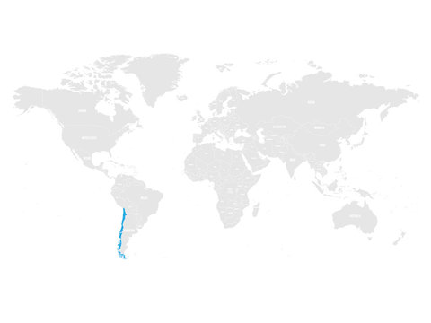 Chile marked by blue in grey World political map. Vector illustration.