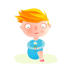 Sitting child girl holding flower in hands thinking on the lawn. Vector cartoon.