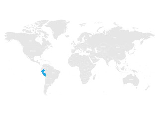 Peru marked by blue in grey World political map. Vector illustration.
