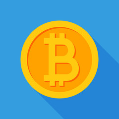 Crypto currency Bitcoin flat vector logo, icon for web, sticker for print. Bitcoin blockchain cryptocurrency.