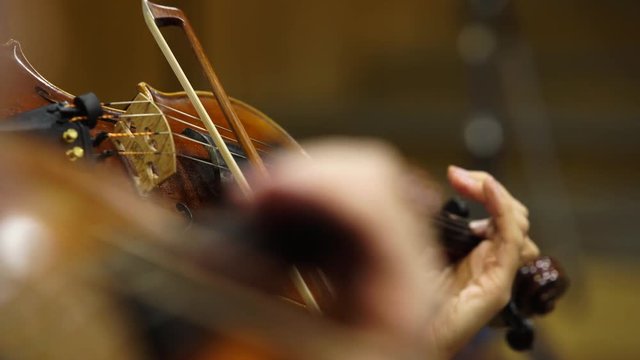 A violinist in a professional and expressive playing the violin at the concert. Indoor in the Studio