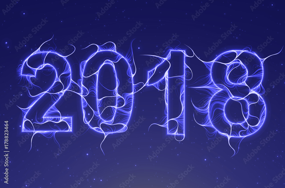 Aufkleber vector 2018 text with lighting effect. numbers constructed with wavy glowing lines. electricity 2018