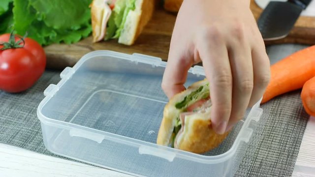 Woman hand put fresh made sandwiches into the lunch box
