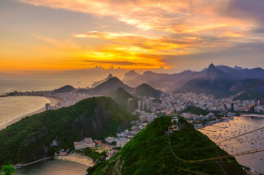 Sunset view of Copacabana, Corcovado and Botafogo in Rio de Janeiro. Brazil