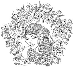 Pretty elegant boho girl with floral wreath on background with flowers. Hand drawn amazing floral bohemia coloring book page for adult isolated on white.