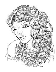 Pretty elegant boho girl with floral wreath. Hand drawn amazing floral bohemia coloring book page for adult