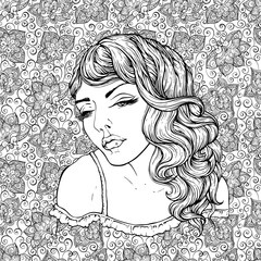 Face of pretty elegant boho girl on doodle background . Beautiful wavy curly hair and pouty lips. Hand drawn amazing floral bohemia coloring book page for adult