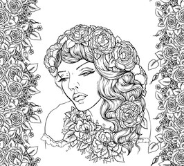 Pretty elegant boho girl with floral wreath on background with roses. Hand drawn amazing floral bohemia coloring book page for adult isolated on white.