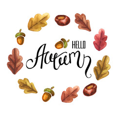 Watercolor lettering autumn design elements (things). Hand drawn watercolor.
