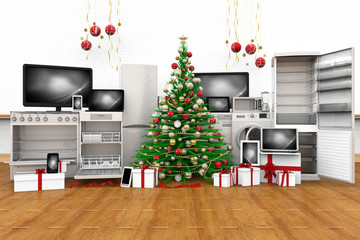 Albero di Natale decorato verde. Regali di Natale tecnologia: elettrodomestici, computer, telefono, smartphone, tablet.