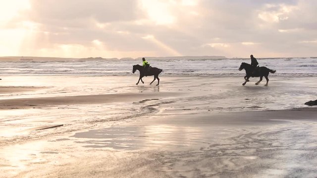 People riding horses at gallop on the beach at sunset. Three people riding horses at seaside on a cloudy day. Slow motion video, backlight with silhouette. Sport and travel concepts