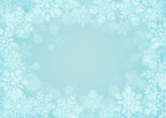 Fototapeta na wymiar Blue gradient background with snowflakes and bokeh border. Winter, Christmas background.